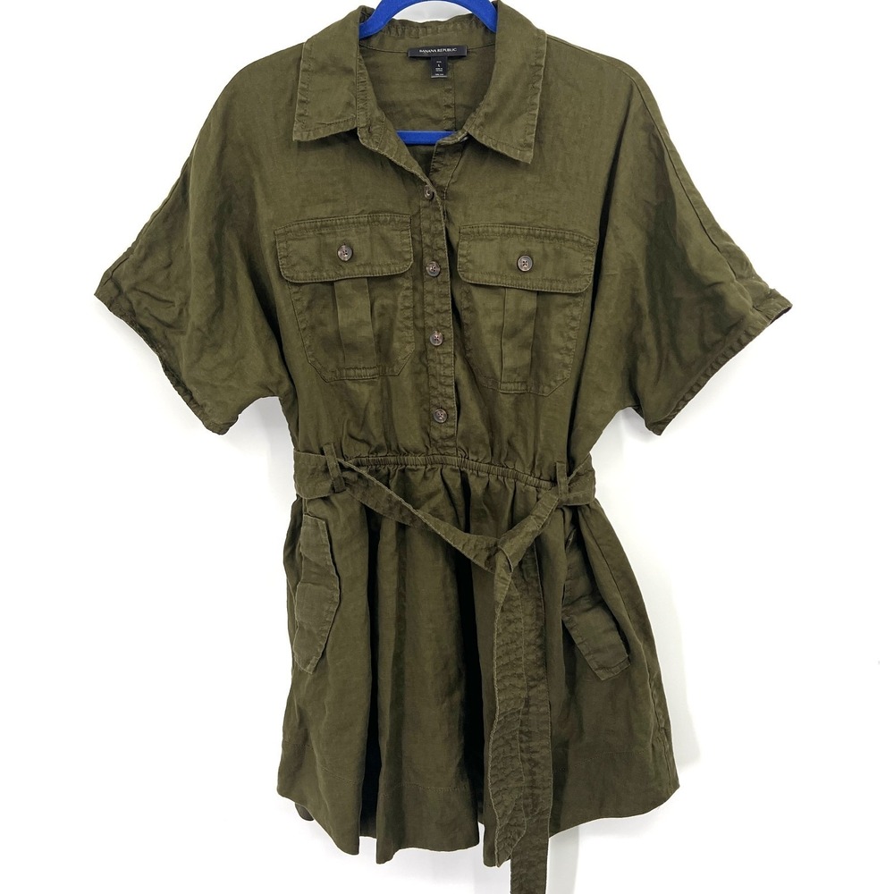 Banana Republic Linen Utility‎ shirt Dress military green safari earthy petite L